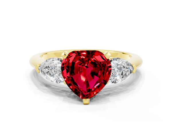 Yellow gold Three-Stone Heart Cut Ruby Ring with Pear Side Stones and Four-Prong Setting