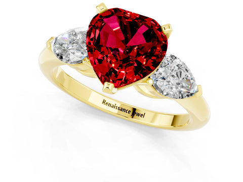 Yellow gold Three-Stone Heart Cut Ruby Ring with Pear Side Stones and Four-Prong Setting_1