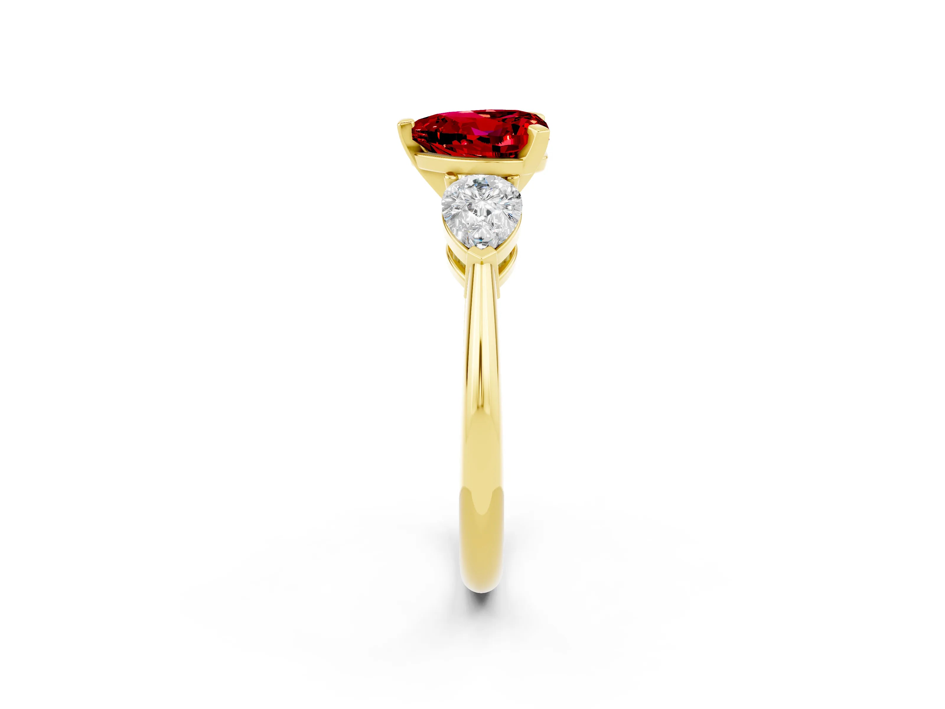 Yellow gold Three-Stone Heart Cut Ruby Ring with Pear Side Stones and Four-Prong Setting_2
