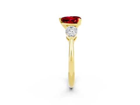 Yellow gold Three-Stone Heart Cut Ruby Ring with Pear Side Stones and Four-Prong Setting_2
