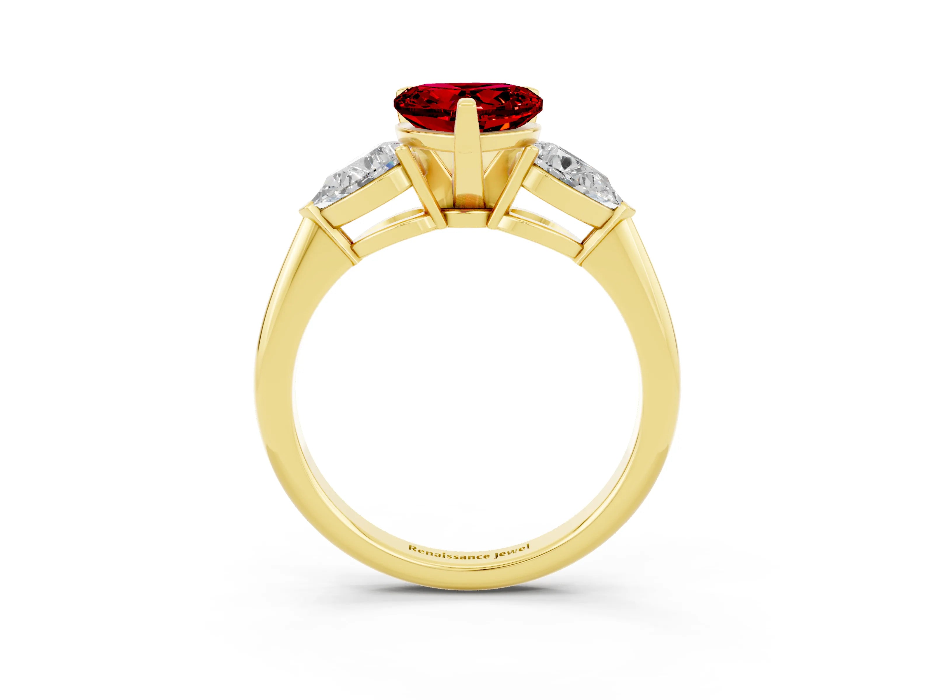 Yellow gold Three-Stone Heart Cut Ruby Ring with Pear Side Stones and Four-Prong Setting_3