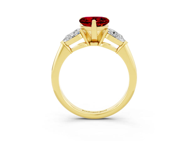 Yellow gold Three-Stone Heart Cut Ruby Ring with Pear Side Stones and Four-Prong Setting