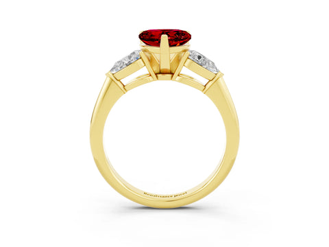 Yellow gold Three-Stone Heart Cut Ruby Ring with Pear Side Stones and Four-Prong Setting_3