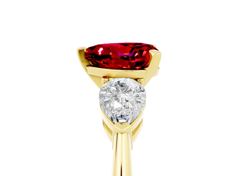 Yellow gold Three-Stone Heart Cut Ruby Ring with Pear Side Stones and Four-Prong Setting_5