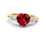 Yellow gold Three-Stone Heart Cut Ruby Ring with Pear  Side Stones in Four-Prong Setting_12