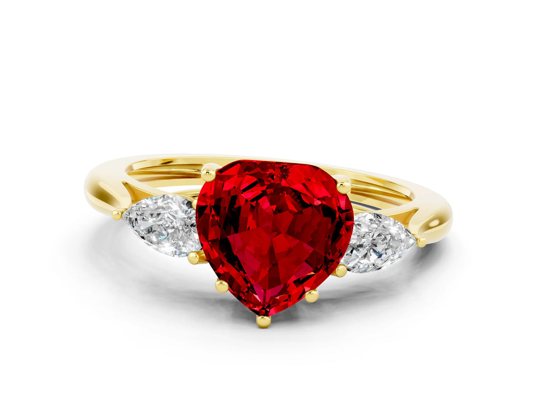 Yellow gold Three-Stone Heart Cut Ruby Ring with Pear  Side Stones in Four-Prong Setting_36