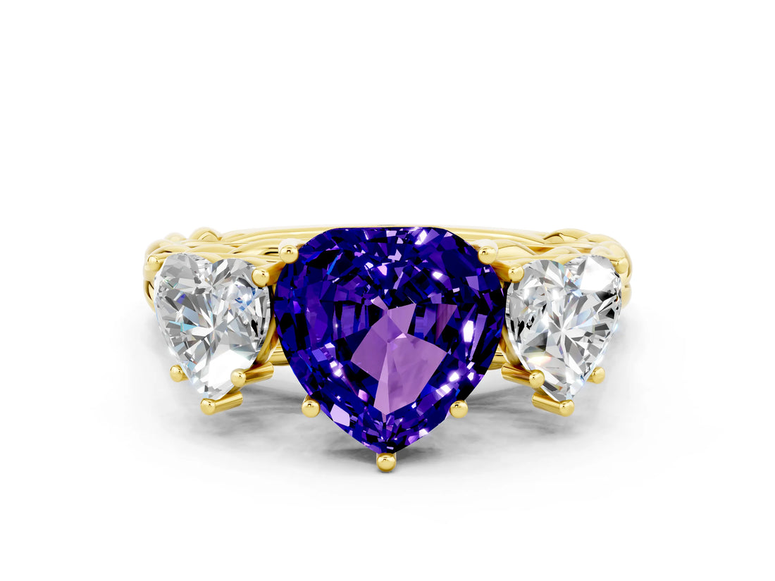 Yellow gold Three-Stone Heart Cut Tanzanite Braided Band Ring with Four-Prong Setting_12