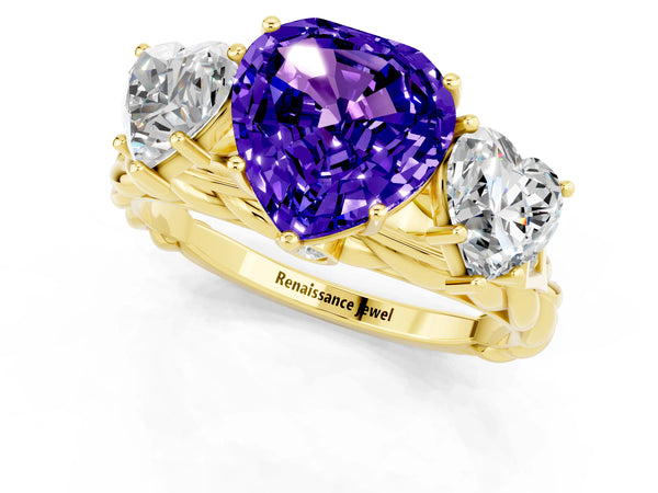 Yellow gold Three-Stone Heart Cut Tanzanite Braided Band Ring with Four-Prong Setting