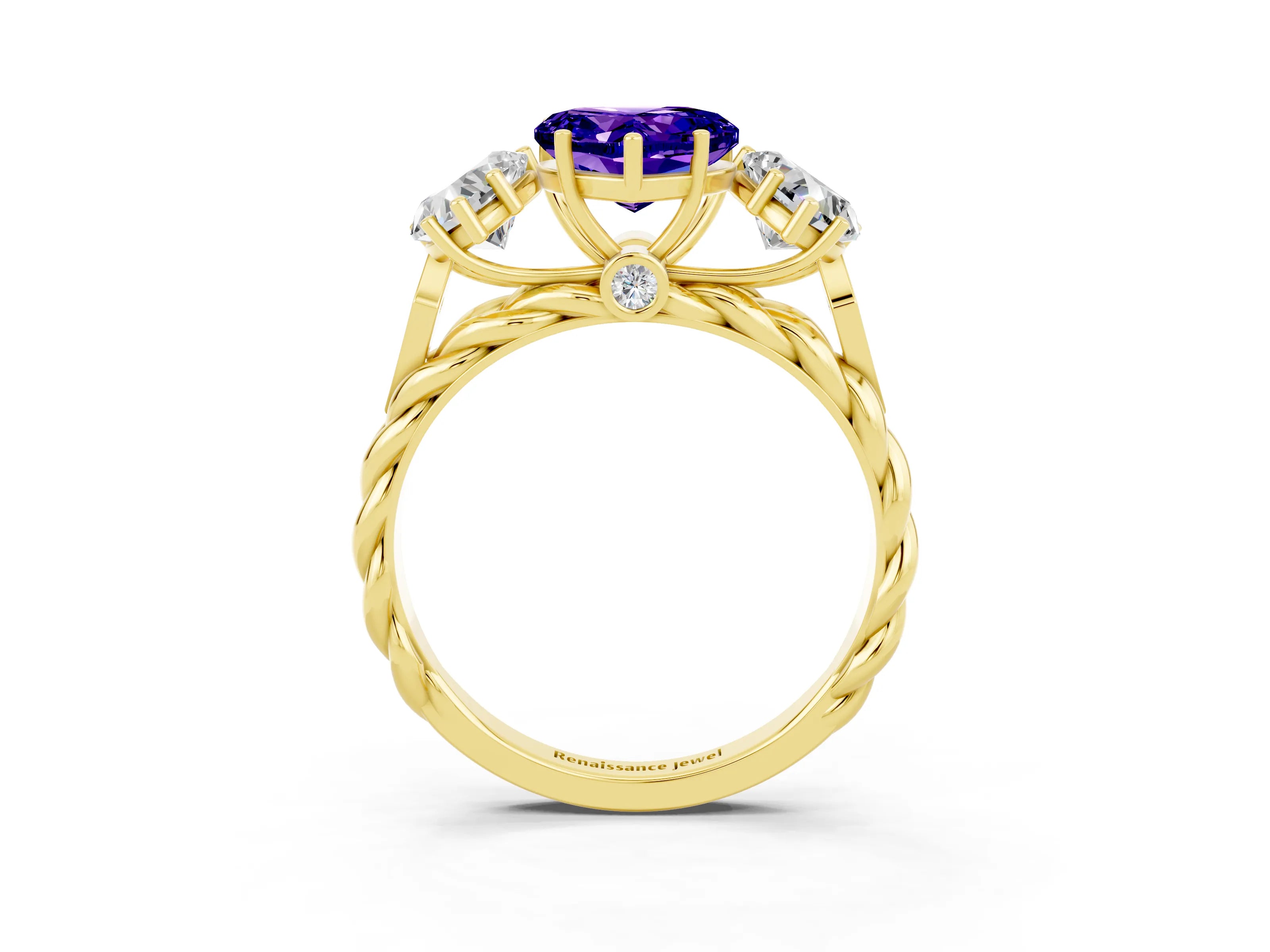 Yellow gold Three-Stone Heart Cut Tanzanite Braided Band Ring with Four-Prong Setting_15