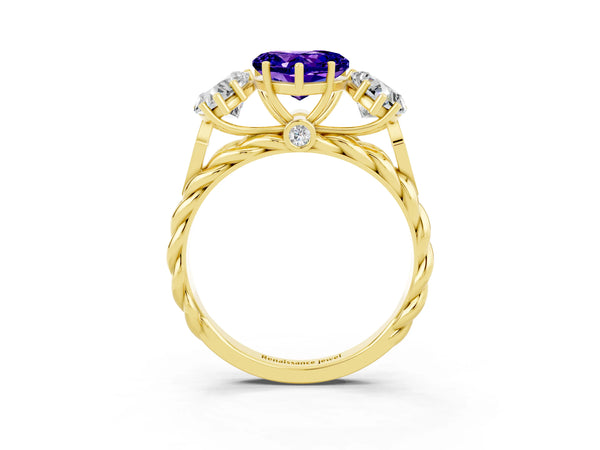 Yellow gold Three-Stone Heart Cut Tanzanite Braided Band Ring with Four-Prong Setting