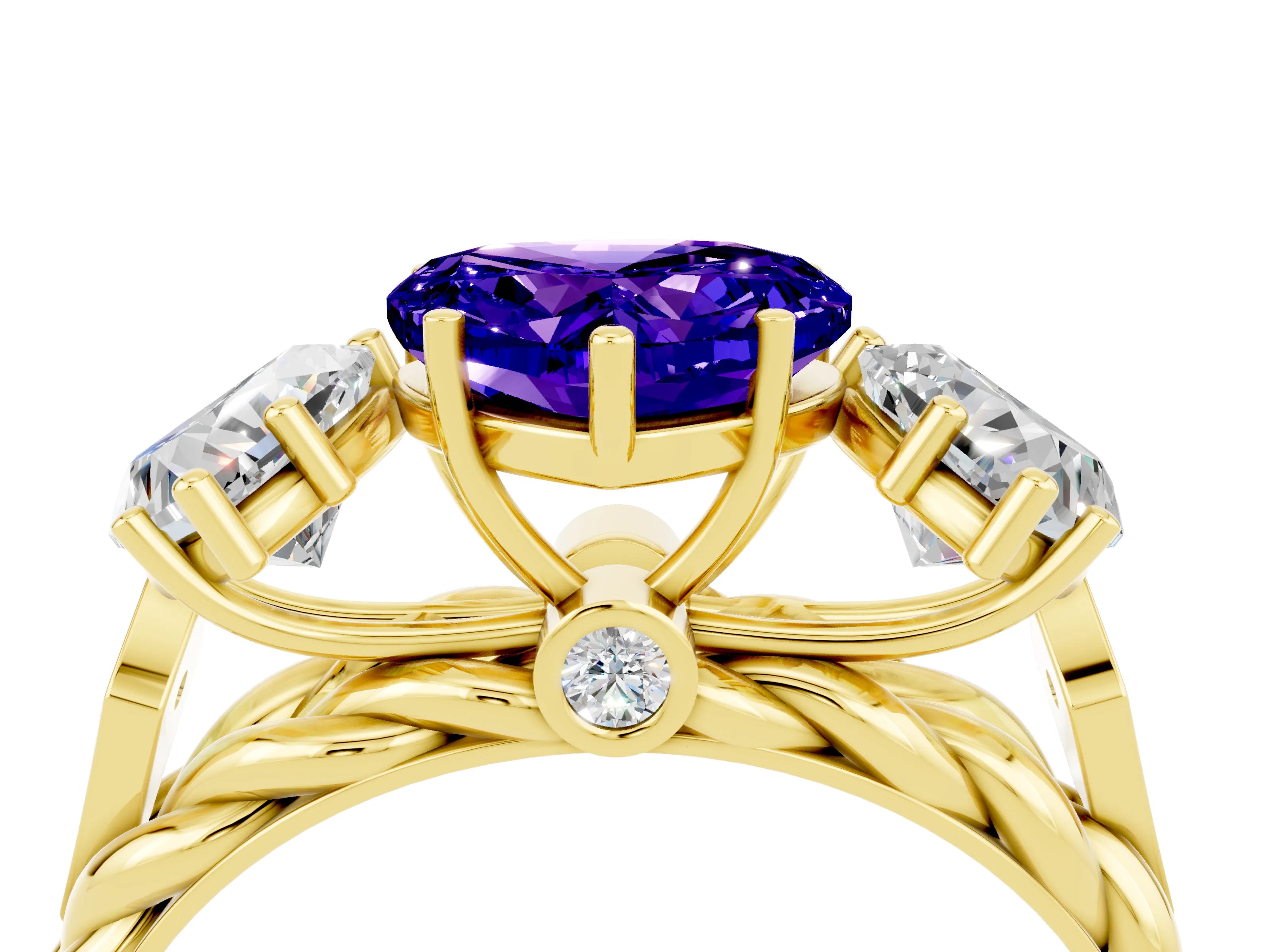 Yellow gold Three-Stone Heart Cut Tanzanite Braided Band Ring with Four-Prong Setting_16