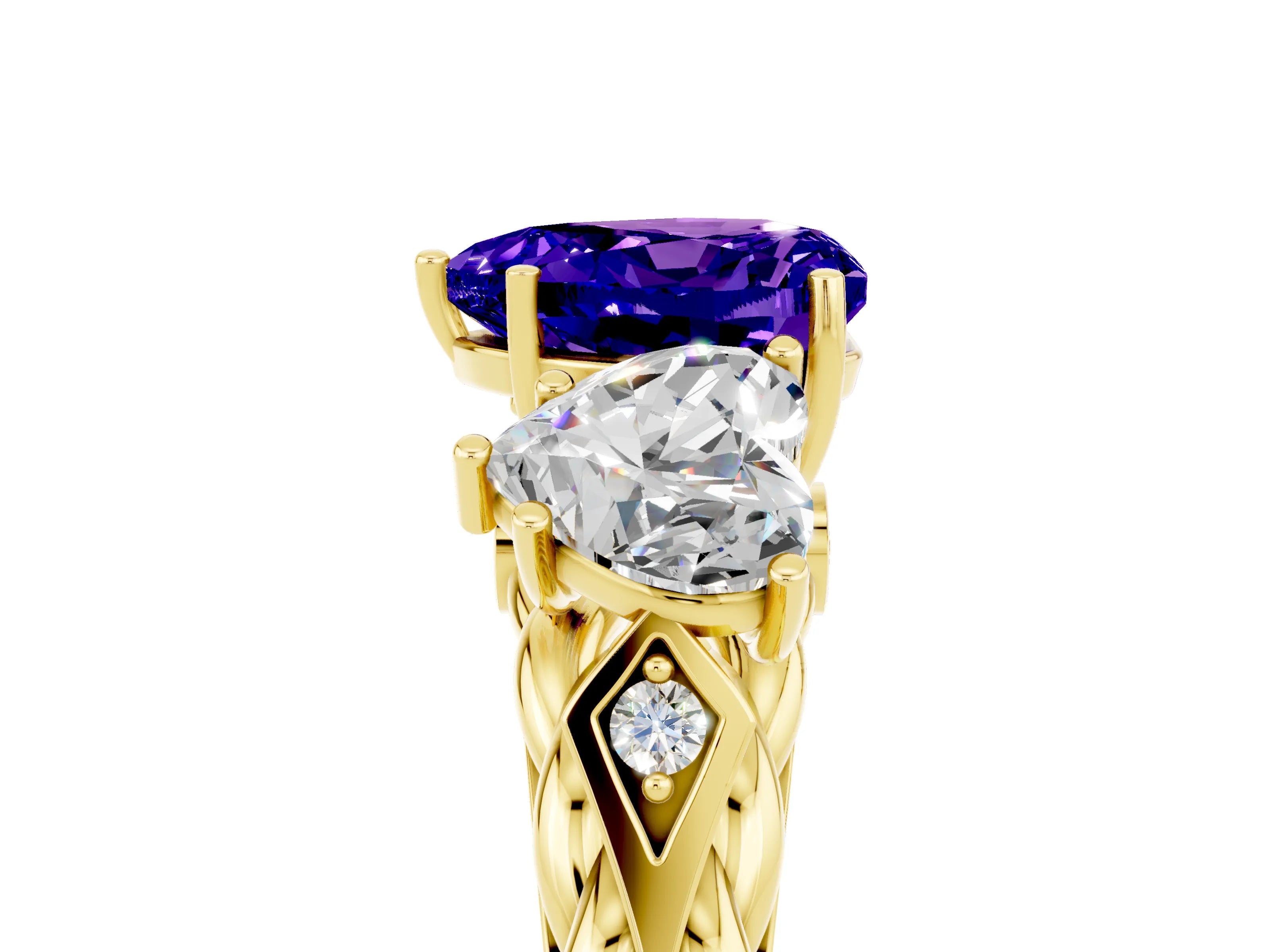 Yellow gold Three-Stone Heart Cut Tanzanite Braided Band Ring with Four-Prong Setting_17