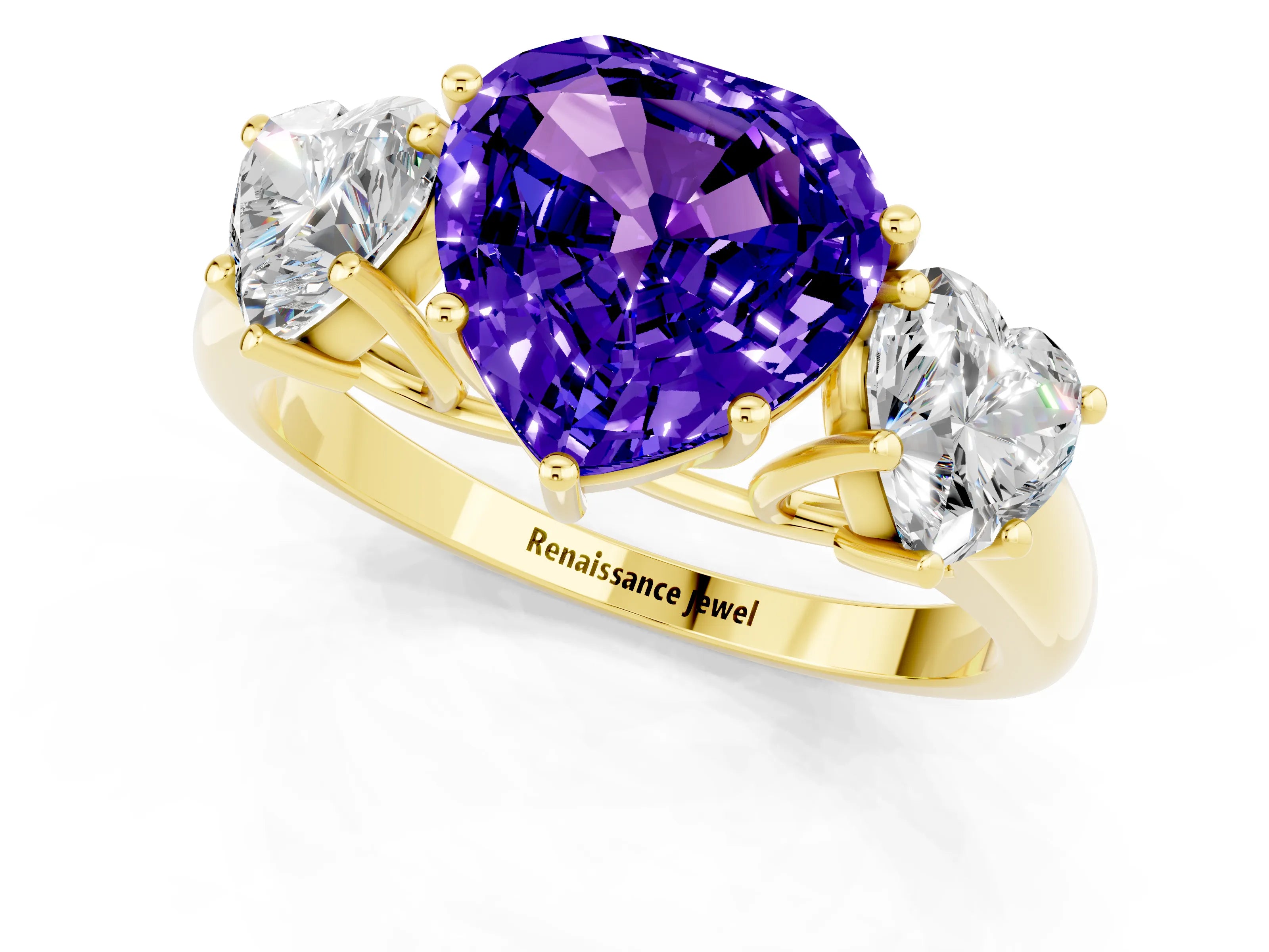 Yellow gold Three-Stone Heart Cut Tanzanite Engagement Ring with Prong Setting_1