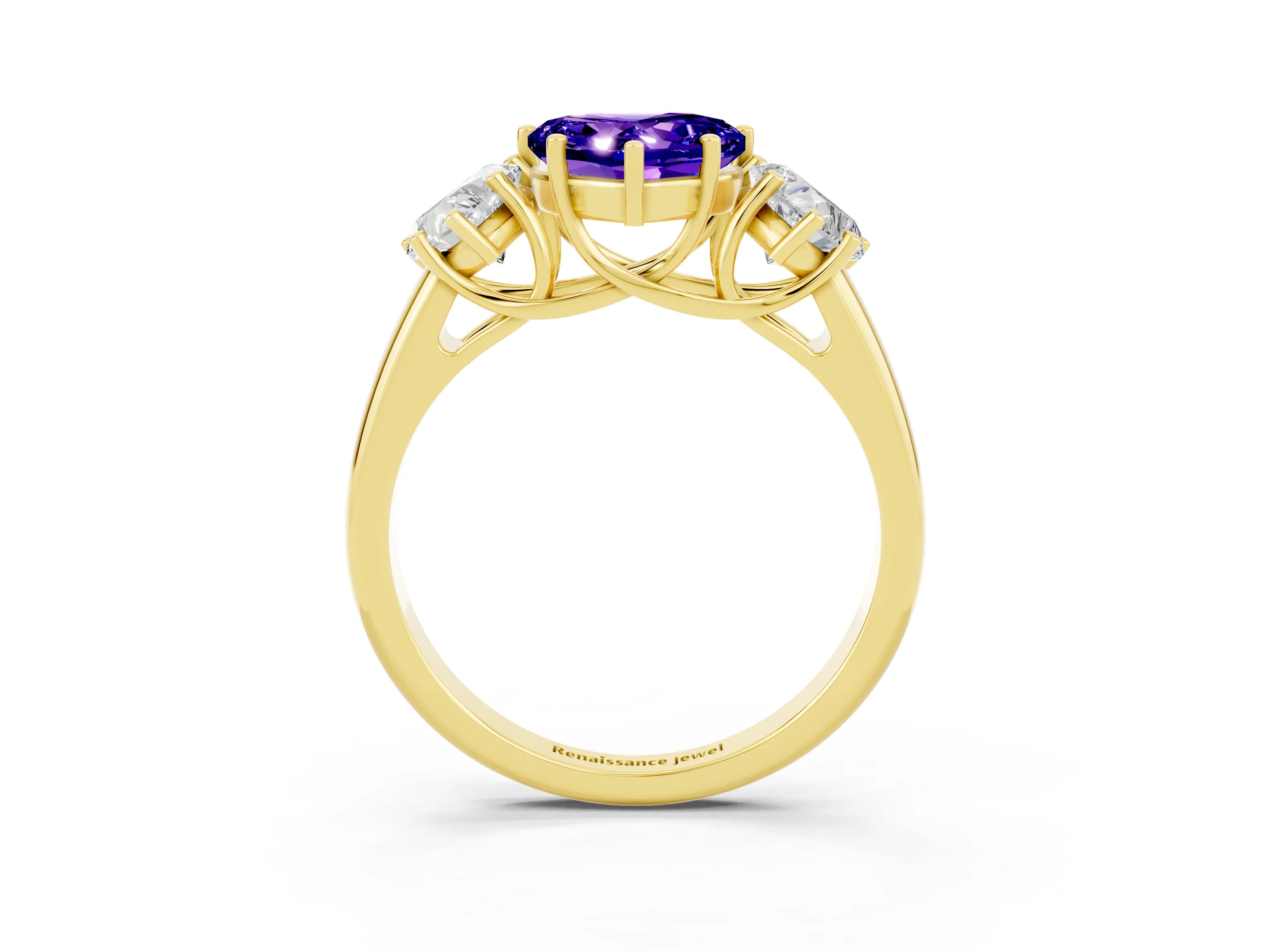 Yellow gold Three-Stone Heart Cut Tanzanite Engagement Ring with Prong Setting_3