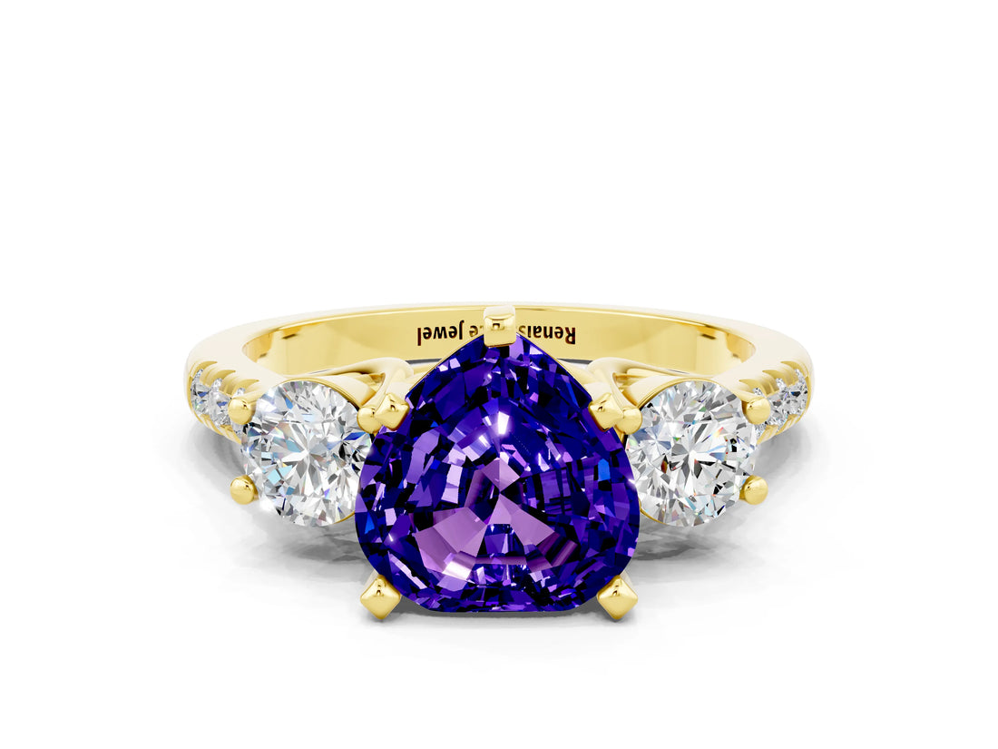 Yellow gold Three-Stone Heart Cut Tanzanite Pavé Band with Four-Prong Setting