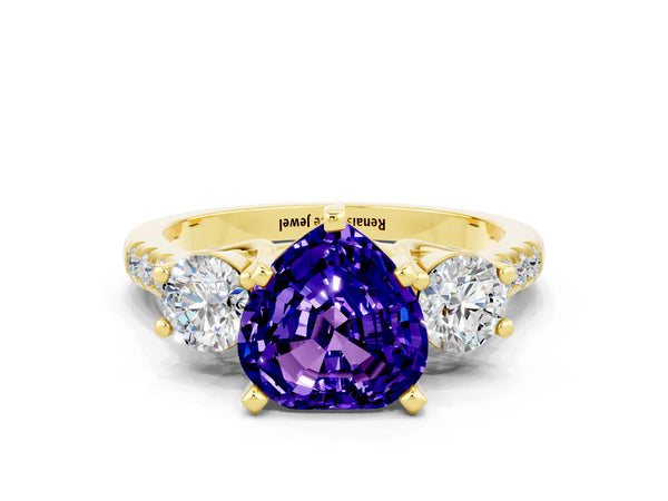 Yellow gold Three-Stone Heart Cut Tanzanite Pavé Band with Four-Prong Setting