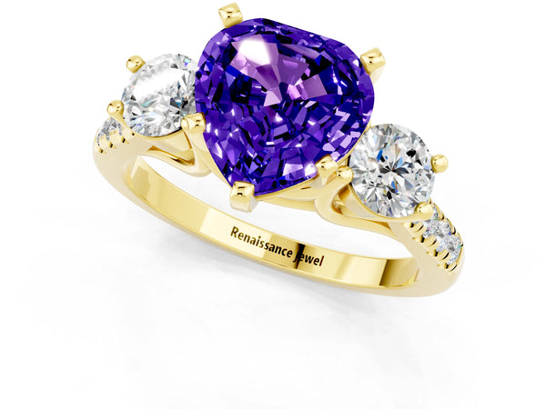 Yellow gold Three-Stone Heart Cut Tanzanite Pavé Band with Four-Prong Setting