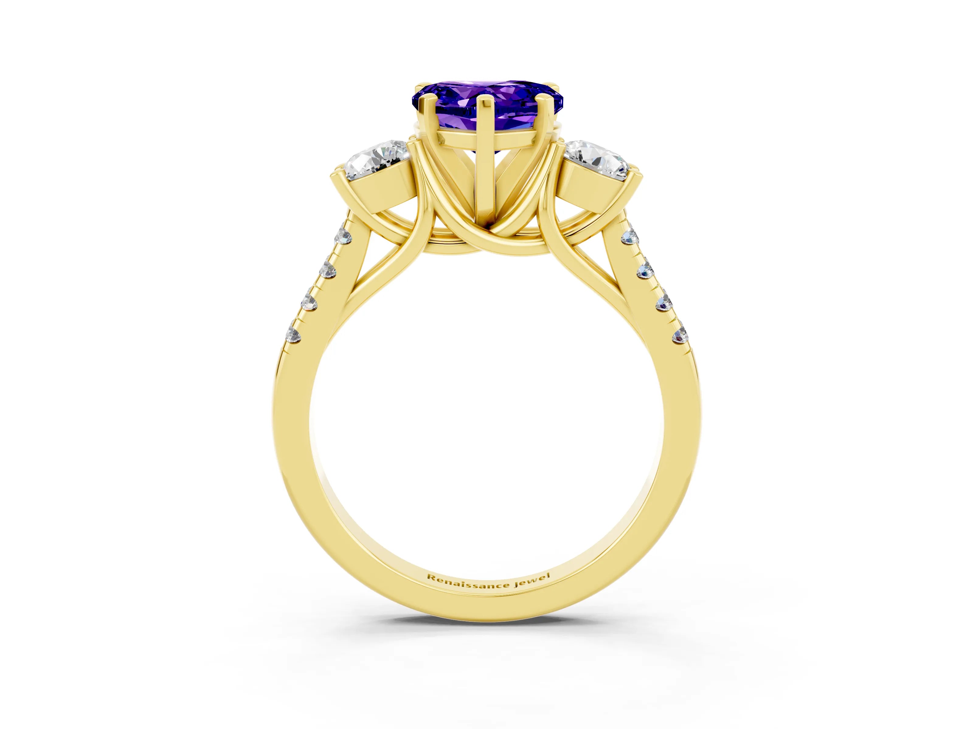 Yellow gold Three-Stone Heart Cut Tanzanite Pavé Band with Four-Prong Setting_3