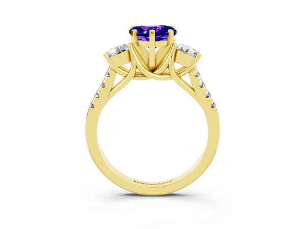 Yellow gold Three-Stone Heart Cut Tanzanite Pavé Band with Four-Prong Setting