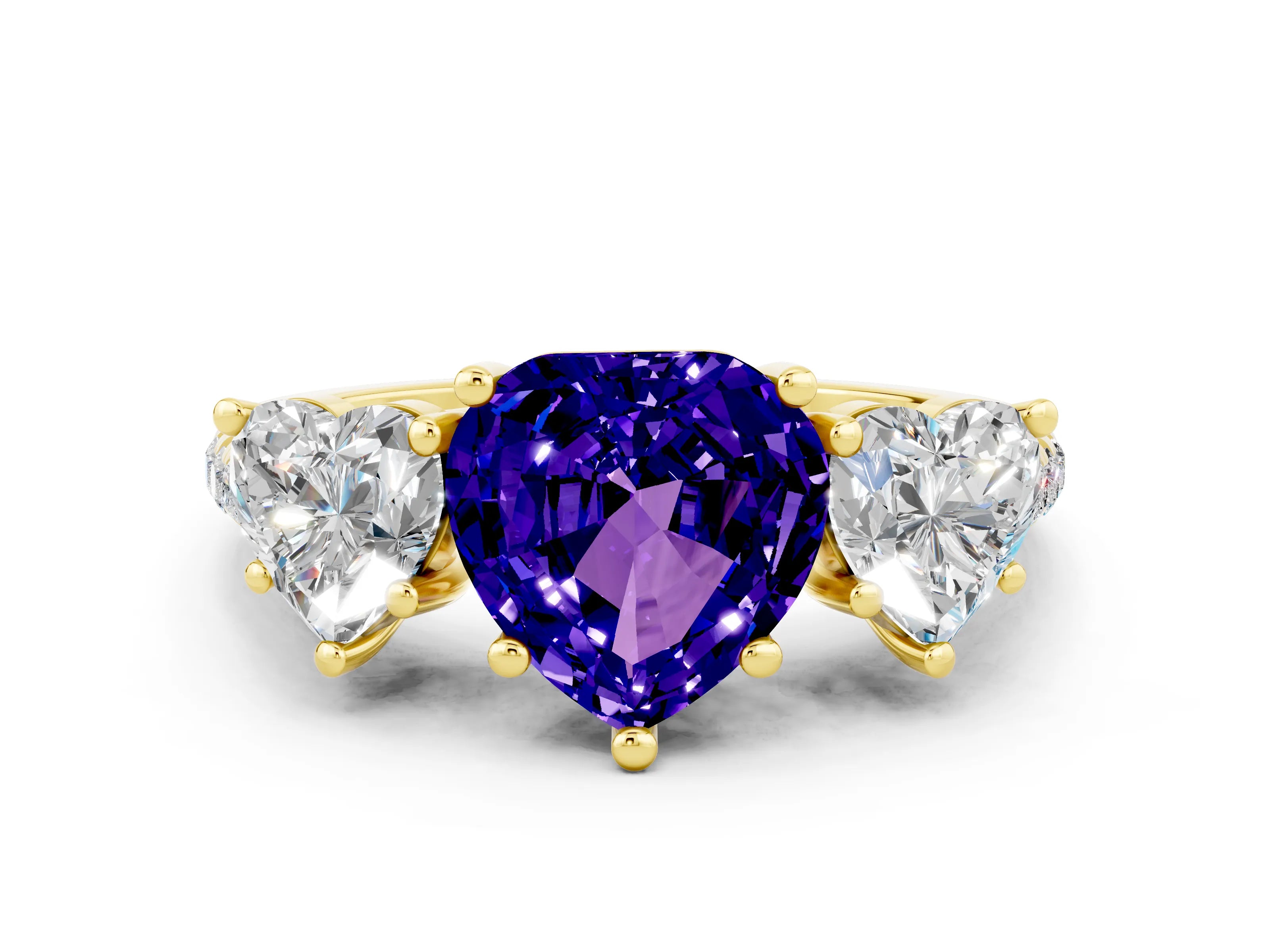 Yellow gold Three-Stone Heart Cut Tanzanite Ring with Pavé Band and Prong Setting_12