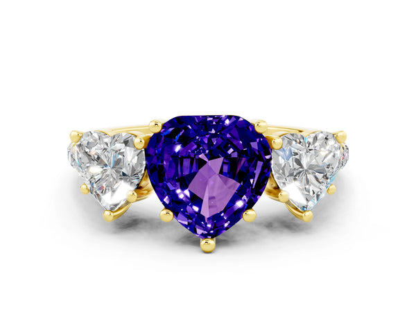 Yellow gold Three-Stone Heart Cut Tanzanite Ring with Round  Pavé Band and Prong Setting