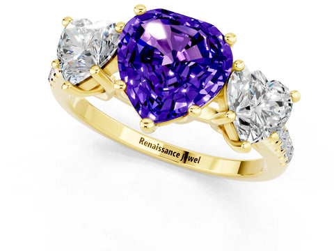 Yellow gold Three-Stone Heart Cut Tanzanite Ring with Pavé Band and Prong Setting_13