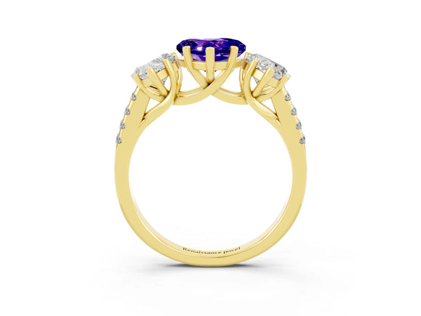 Yellow gold Three-Stone Heart Cut Tanzanite Ring with Round  Pavé Band and Prong Setting