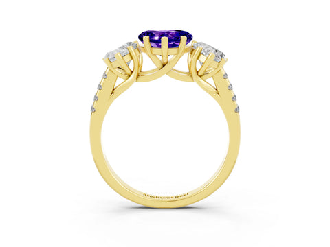 Yellow gold Three-Stone Heart Cut Tanzanite Ring with Pavé Band and Prong Setting_15