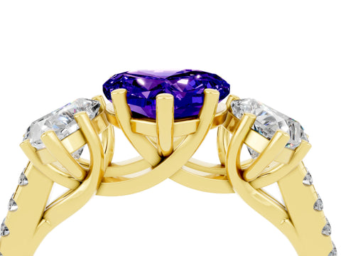 Yellow gold Three-Stone Heart Cut Tanzanite Ring with Pavé Band and Prong Setting_16