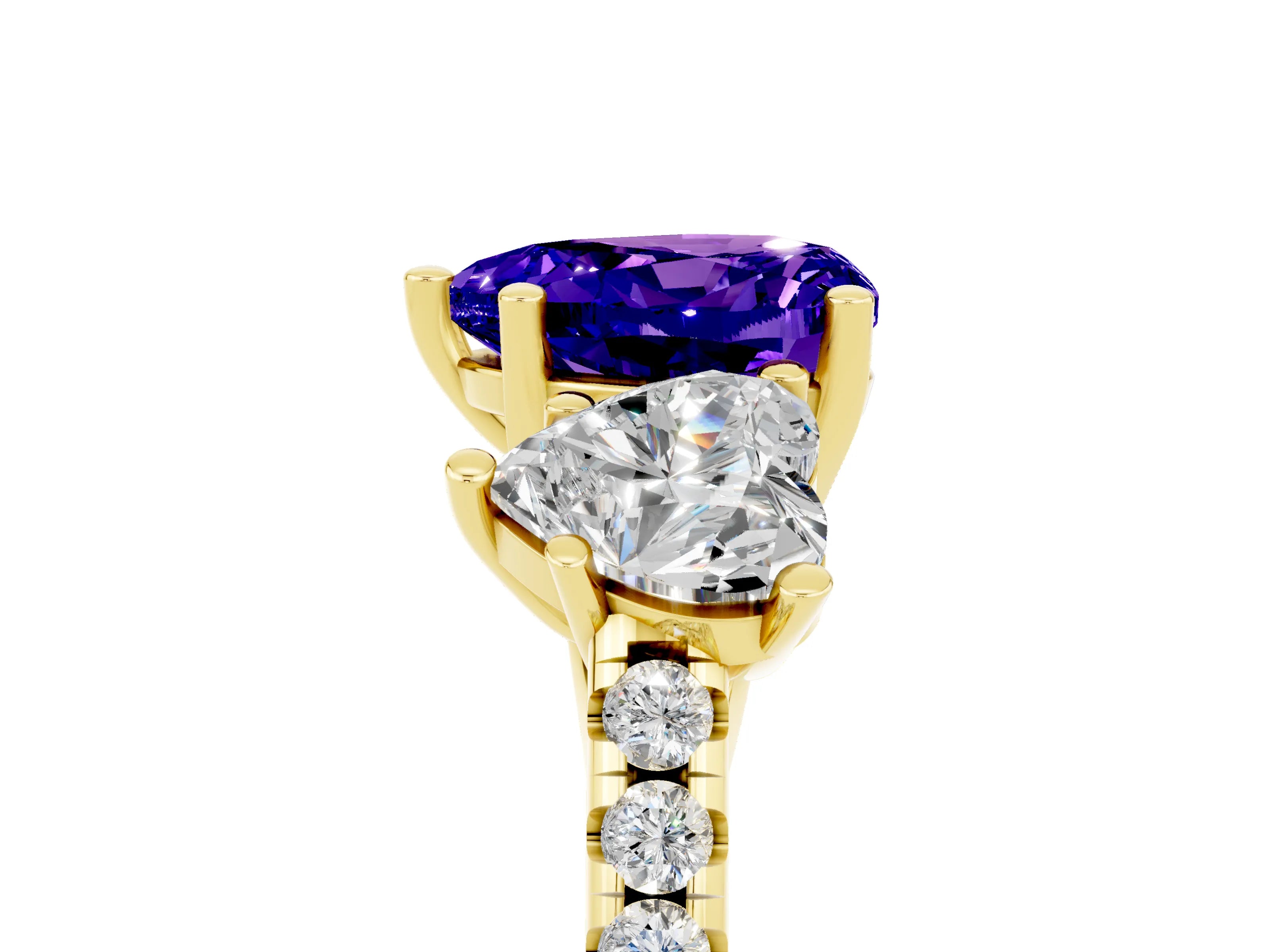 Yellow gold Three-Stone Heart Cut Tanzanite Ring with Pavé Band and Prong Setting_17