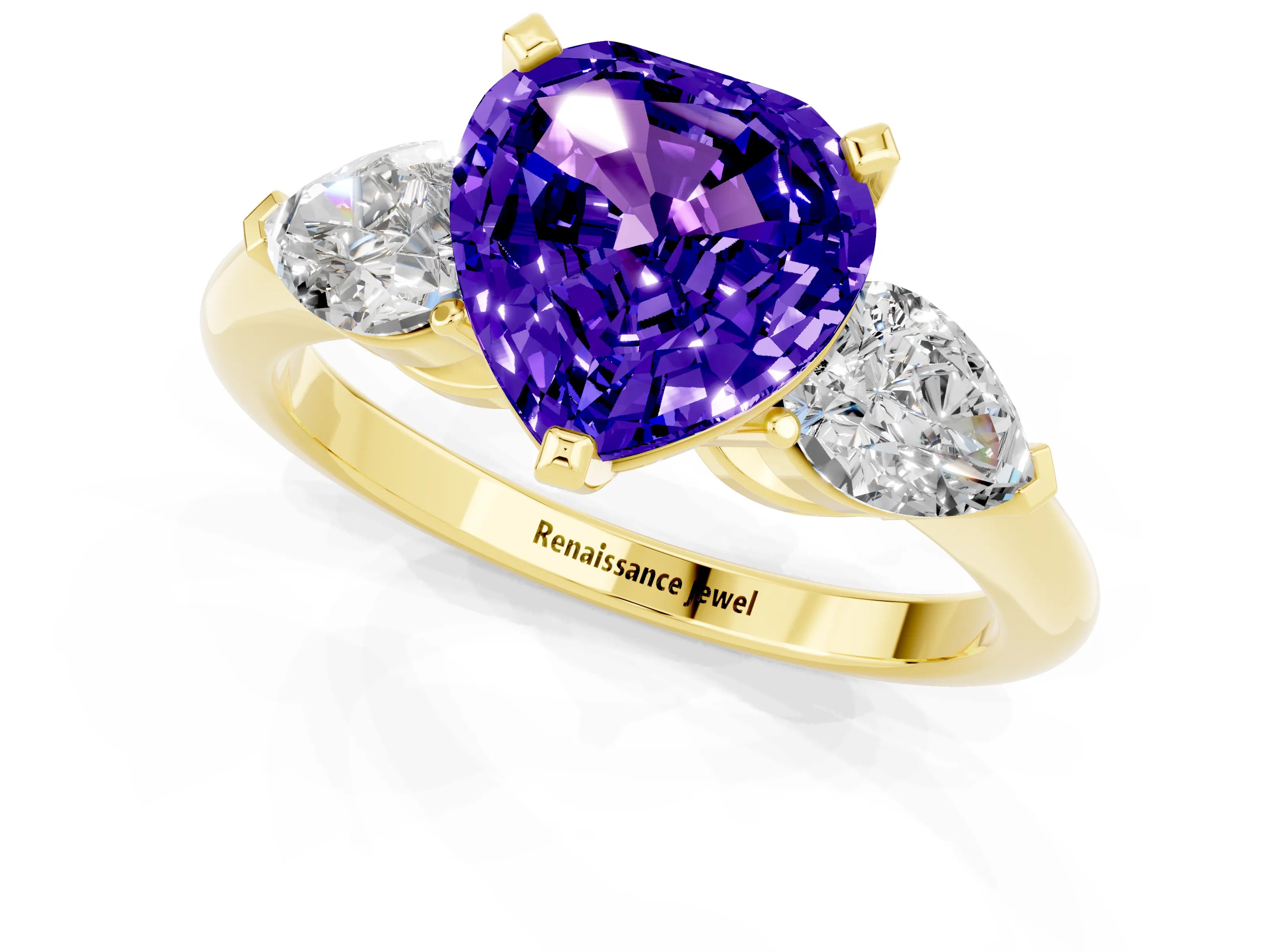 Yellow gold Three-Stone Heart Cut Tanzanite Ring with Pear Side Stones and Four-Prong Setting_1