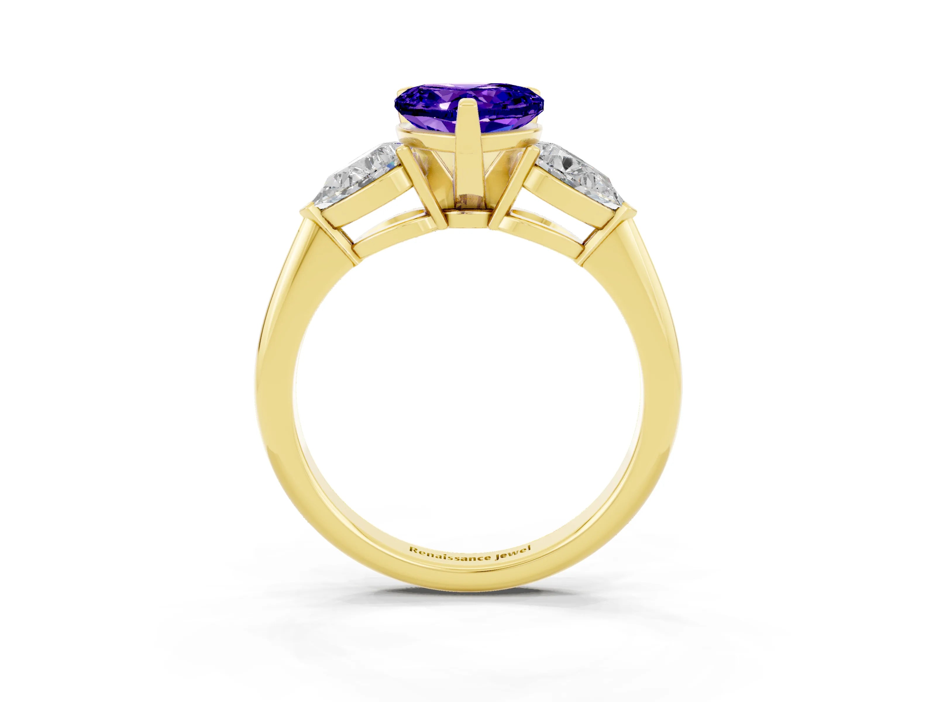 Yellow gold Three-Stone Heart Cut Tanzanite Ring with Pear Side Stones and Four-Prong Setting_3