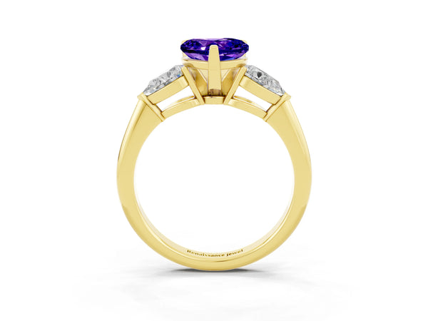 Yellow gold Three-Stone Heart Cut Tanzanite Ring with Pear Side Stones and Four-Prong Setting