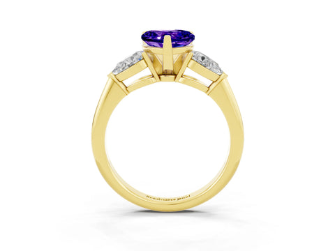 Yellow gold Three-Stone Heart Cut Tanzanite Ring with Pear Side Stones and Four-Prong Setting_3