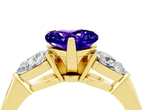 Yellow gold Three-Stone Heart Cut Tanzanite Ring with Pear Side Stones and Four-Prong Setting_4