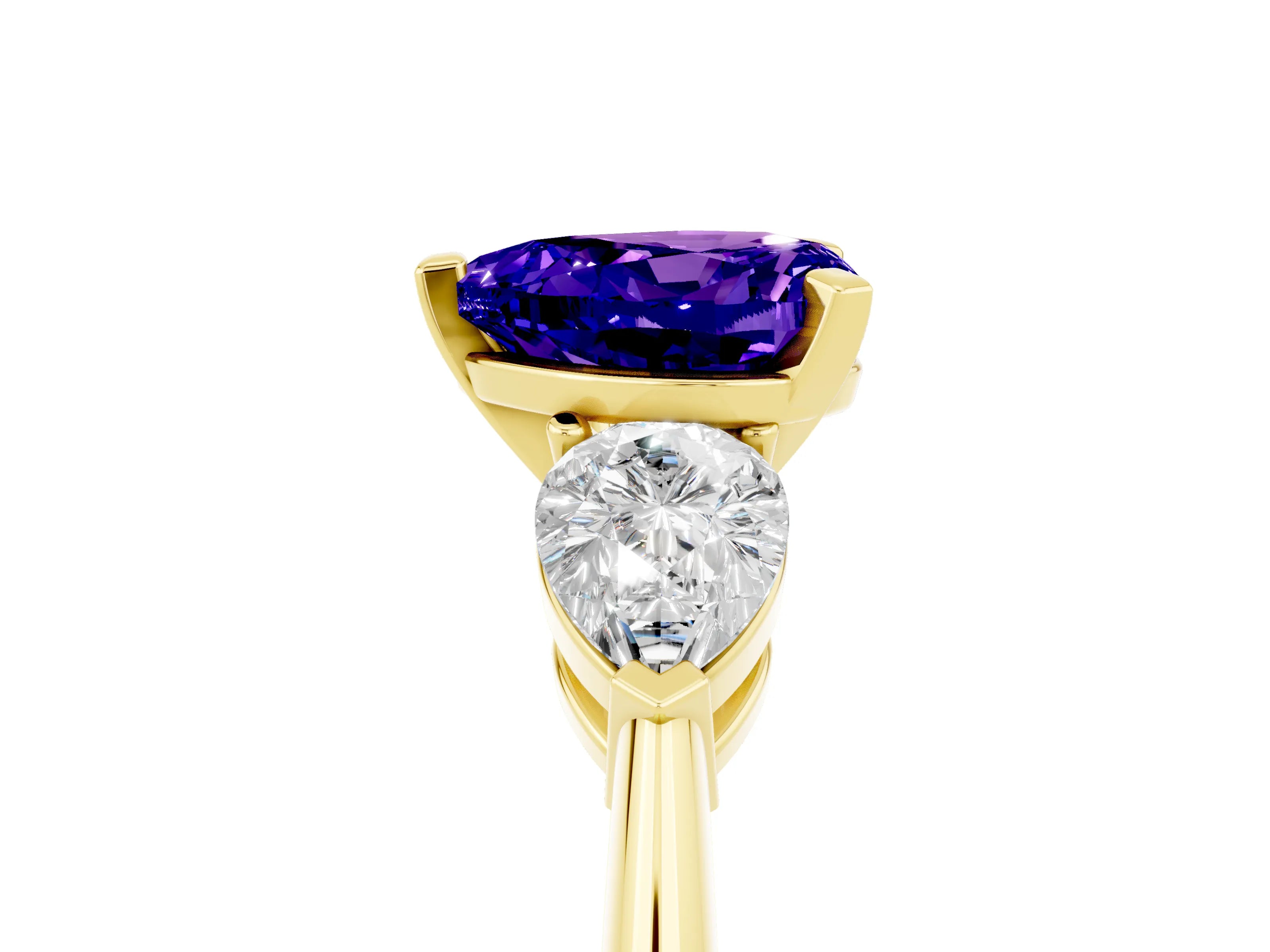 Yellow gold Three-Stone Heart Cut Tanzanite Ring with Pear Side Stones and Four-Prong Setting_5