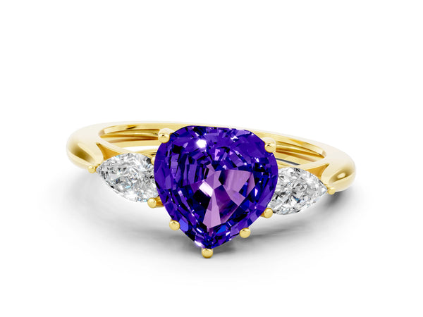 Yellow gold Three-Stone Heart Cut Tanzanite Ring with Pear  Side Stones in Four-Prong Setting