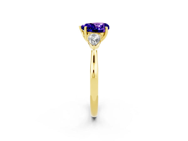 Yellow gold Three-Stone Heart Cut Tanzanite Ring with Pear  Side Stones in Four-Prong Setting