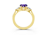 Yellow gold Three-Stone Heart Cut Tanzanite Ring with Pear  Side Stones in Four-Prong Setting_15