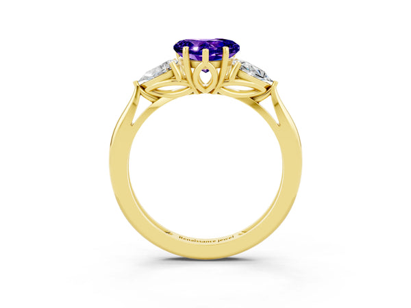 Yellow gold Three-Stone Heart Cut Tanzanite Ring with Pear  Side Stones in Four-Prong Setting