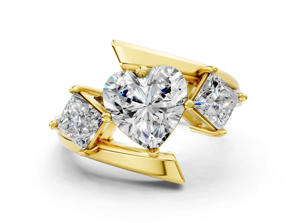 Yellow gold Three-Stone Heart Cut Tension Band Ring with Four-Prong Setting