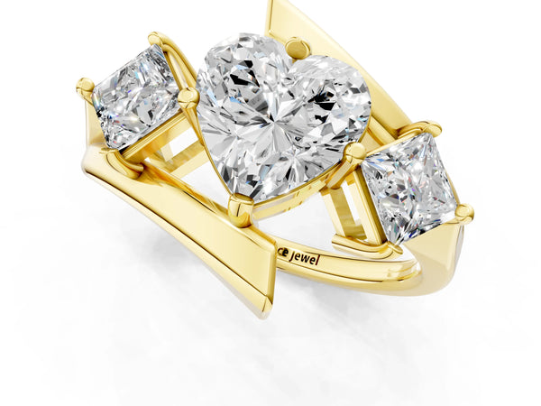 Yellow gold Three-Stone Heart Cut Tension Band Ring with Four-Prong Setting