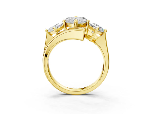 Yellow gold Three-Stone Heart Cut Tension Band Ring with Four-Prong Setting