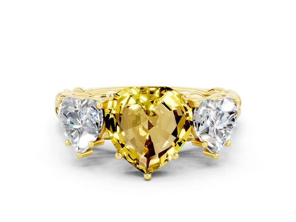 Yellow gold Three-Stone Heart Cut Yellow Sapphire Braided Band Ring with Four-Prong Setting