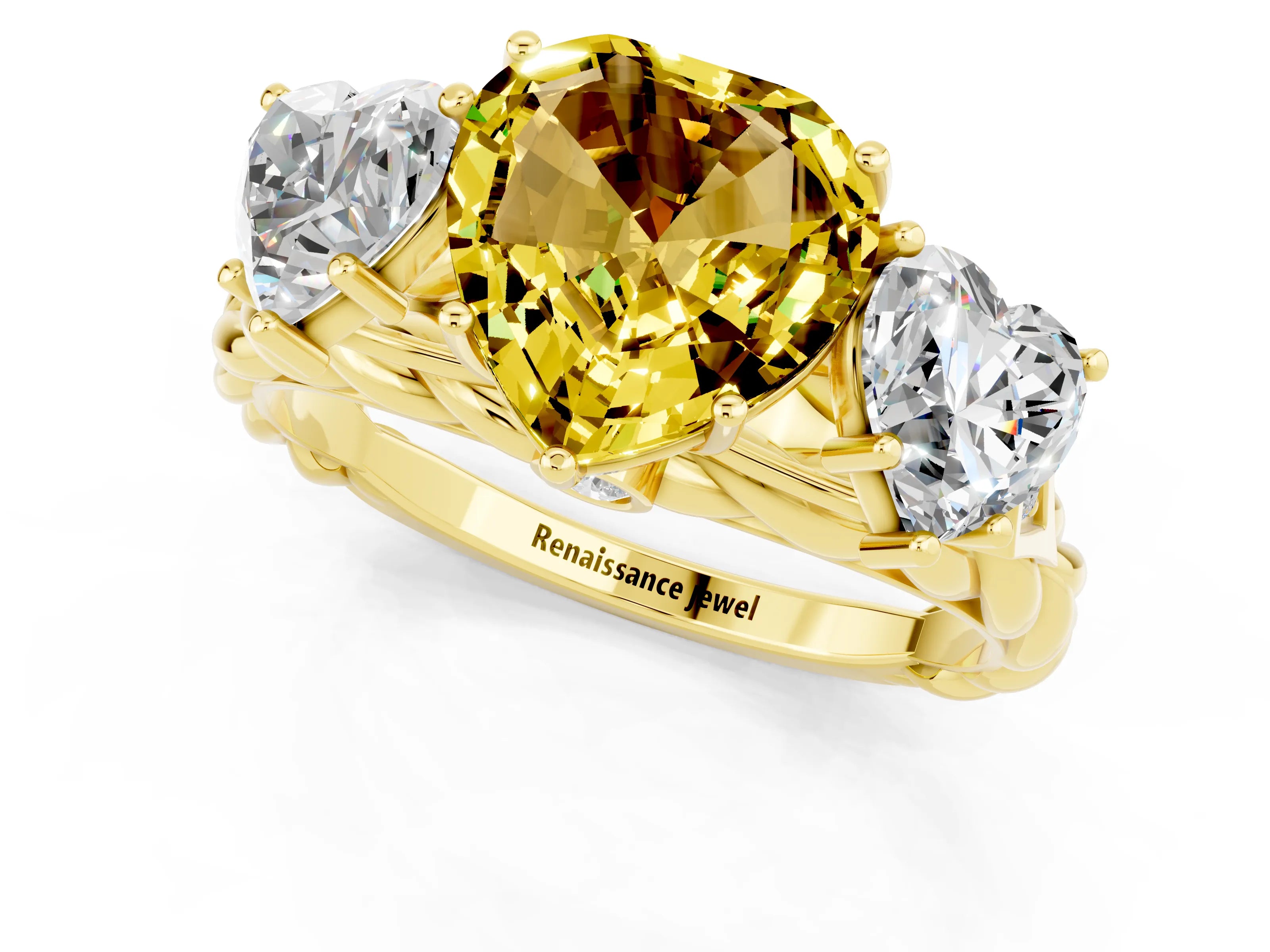 Yellow gold Three-Stone Heart Cut Yellow Sapphire Braided Band Ring with Four-Prong Setting_37