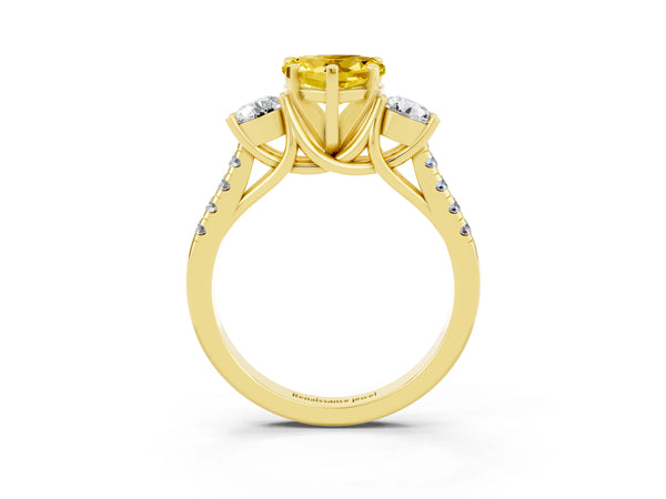 Yellow gold Three-Stone Heart Cut Yellow Sapphire Pavé Band with Four-Prong Setting