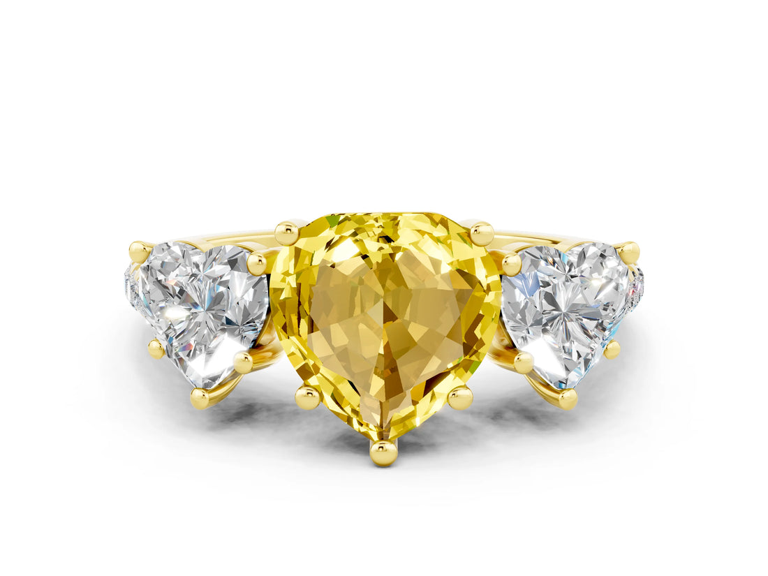 Yellow gold Three-Stone Heart Cut Yellow Sapphire Ring with Pavé Band and Prong Setting_36