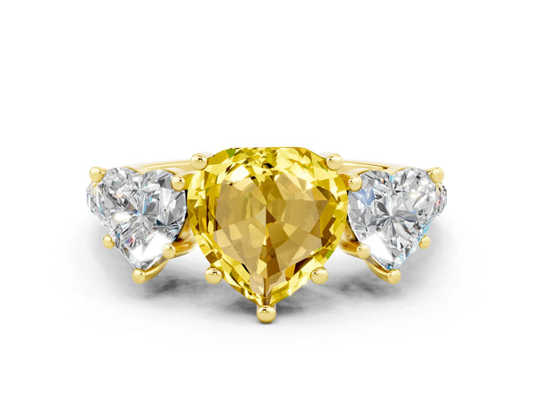 Yellow gold Three-Stone Heart Cut Yellow Sapphire Ring with Round  Pavé Band and Prong Setting