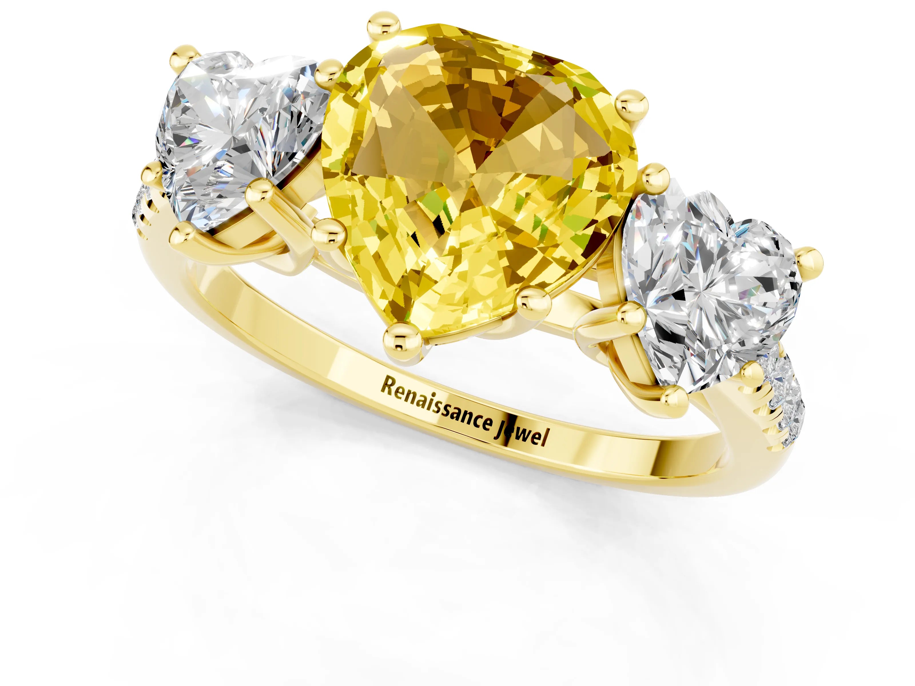 Yellow gold Three-Stone Heart Cut Yellow Sapphire Ring with Pavé Band and Prong Setting_37