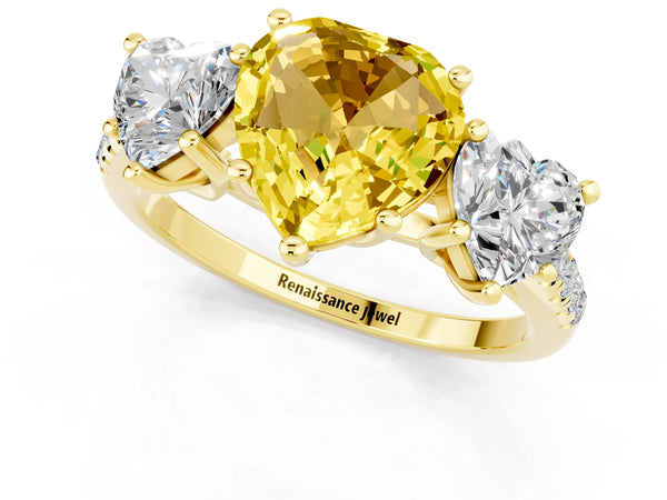 Yellow gold Three-Stone Heart Cut Yellow Sapphire Ring with Round  Pavé Band and Prong Setting